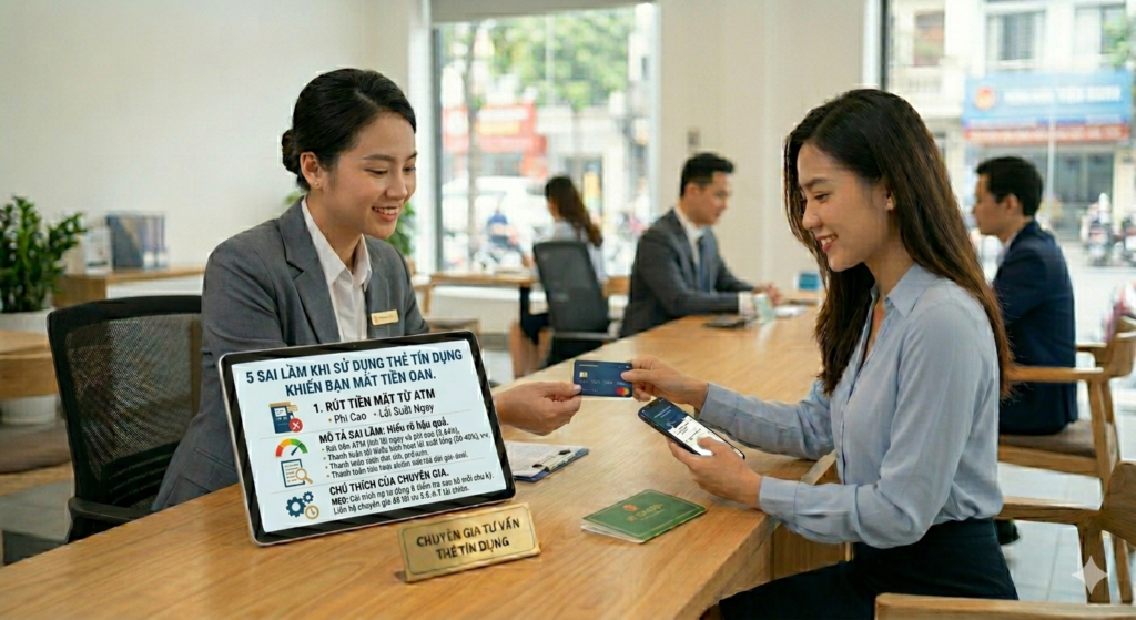 Tổng hợp 5 sai lầm phổ biến nhất khi dùng thẻ tín dụng năm 2026 dẫn đến mất tiền oan bao gồm: rút tiền mặt phí cao, quẹt quá hạn mức, quên trích nợ tự động, không kiểm tra sao kê và chỉ thanh toán tối thiểu.