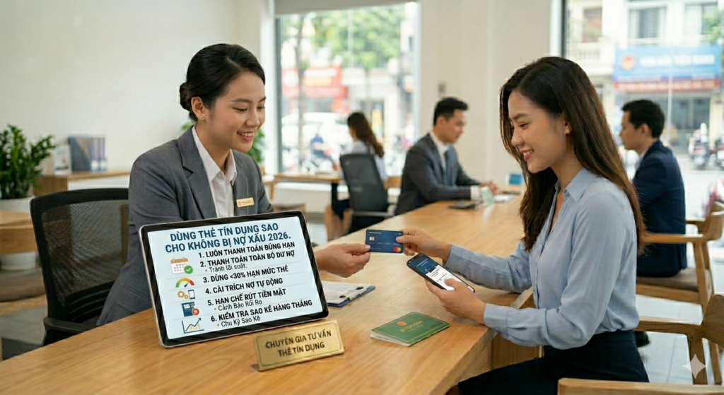Cẩm nang hướng dẫn chi tiết cách sử dụng thẻ tín dụng an toàn và thông minh năm 2026, bao gồm 6 nguyên tắc vàng: thanh toán đúng hạn, quản lý dư nợ, sử dụng hạn mức thấp, trích nợ tự động, cảnh báo rủi ro rút tiền mặt và kiểm tra sao kê hàng tháng để tránh nợ xấu CIC.
