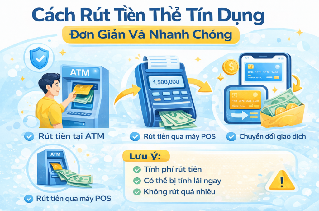 Hướng dẫn 4 bước rút tiền mặt từ thẻ tín dụng tại cây ATM đơn giản và nhanh chóng năm 2026, bao gồm các bước: Cho thẻ vào máy, Nhập mã PIN, Chọn số tiền và Xác nhận phí giao dịch.