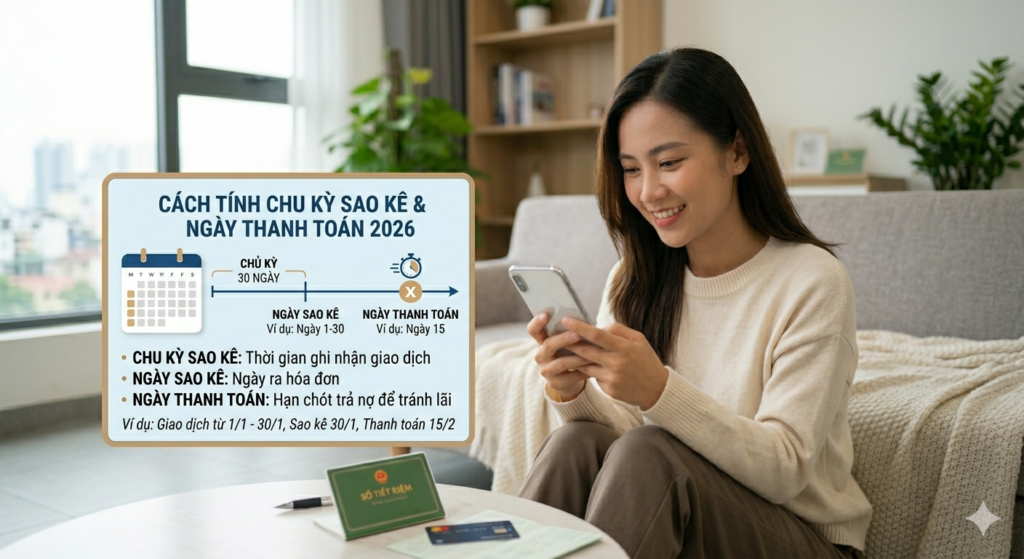 Hướng dẫn chi tiết cách tính chu kỳ sao kê và ngày thanh toán thẻ tín dụng năm 2026 qua ví dụ thực tế trên ứng dụng ngân hàng số, giúp người dùng tối ưu hóa dòng tiền tài chính cá nhân.