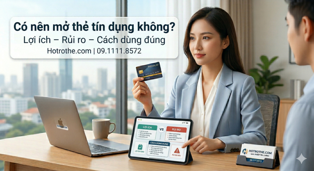Hình ảnh chuyên gia Hotrothe.com (nữ, vest xanh, giống ảnh 1) tư vấn về việc có nên mở thẻ tín dụng hay không, phân tích lợi ích, rủi ro và cách dùng đúng chuẩn năm 2026, kèm logo hotrothe.com và hotline 09.1111.8572.