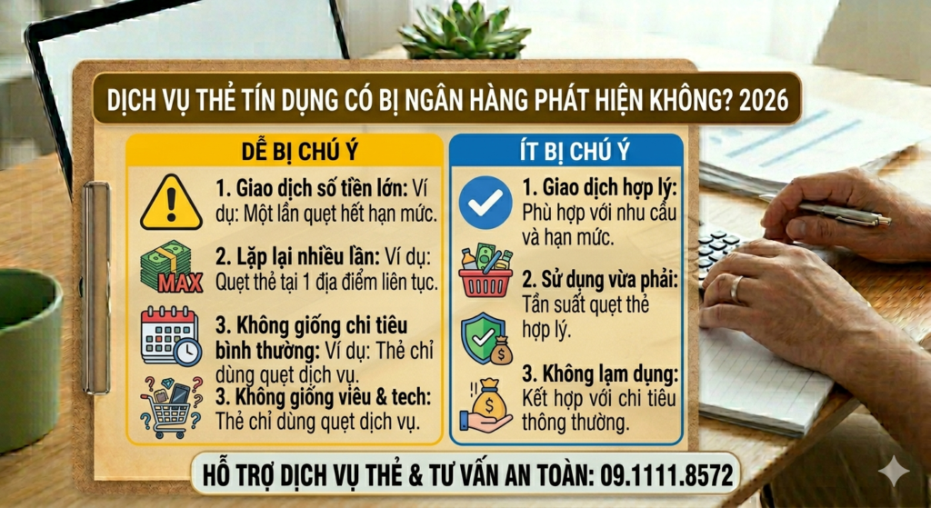 Hình ảnh minh họa các trường hợp giao dịch thẻ tín dụng có thể bị ngân hàng chú ý và những tình huống an toàn hơn, giúp người dùng hiểu rõ để sử dụng hiệu quả.