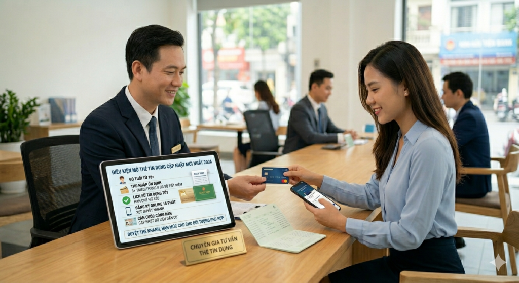 Danh sách chi tiết các điều kiện mở thẻ tín dụng cập nhật mới nhất năm 2026 dựa trên các tiêu chí như: tuổi, thu nhập, lịch sử tín dụng, và các tài sản thay thế, minh họa cho bài viết đánh giá về cách mở thẻ tín dụng dễ dàng nhất.