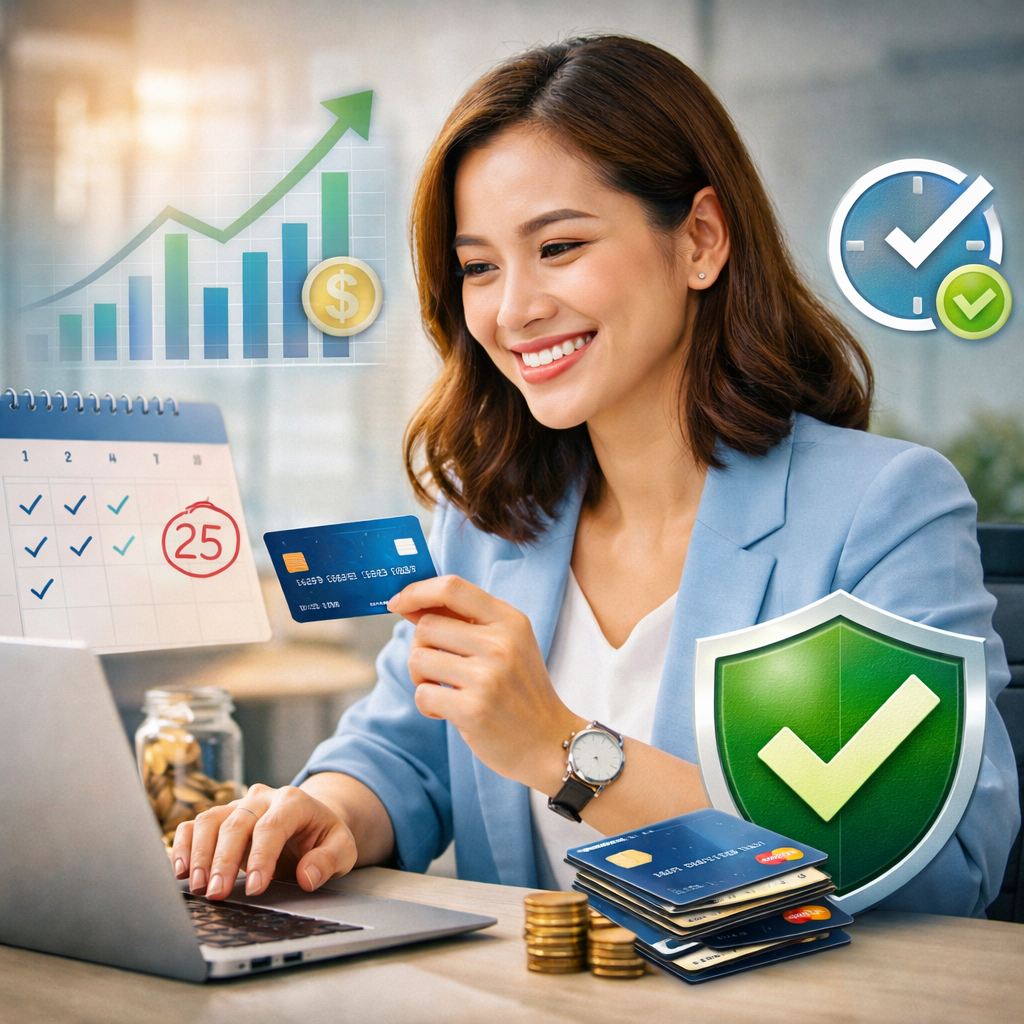 Hình ảnh minh họa một người sử dụng thẻ tín dụng thông minh khi thanh toán online, thể hiện việc quản lý tài chính hiệu quả. Việc thanh toán đúng hạn, kiểm soát chi tiêu và hạn chế rút tiền mặt là những yếu tố quan trọng giúp tránh nợ xấu thẻ tín dụng và duy trì lịch sử tín dụng tốt.