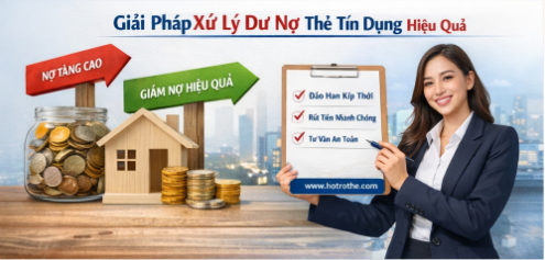 Hình ảnh mô tả các giải pháp xử lý dư nợ thẻ tín dụng như đáo hạn kịp thời, rút tiền nhanh và tư vấn tài chính an toàn giúp người dùng kiểm soát dòng tiền hiệu quả.