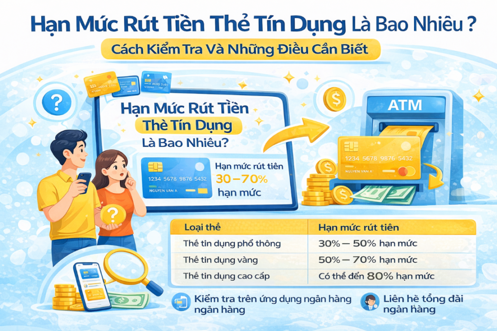 Bảng thông tin về hạn mức rút tiền mặt thẻ tín dụng tối đa tại các ngân hàng năm 2026, giải thích tỷ lệ hạn mức rút tiền so với hạn mức tín dụng (thường từ 50% đến 100%) và các cách kiểm tra hạn mức nhanh trên điện thoại.