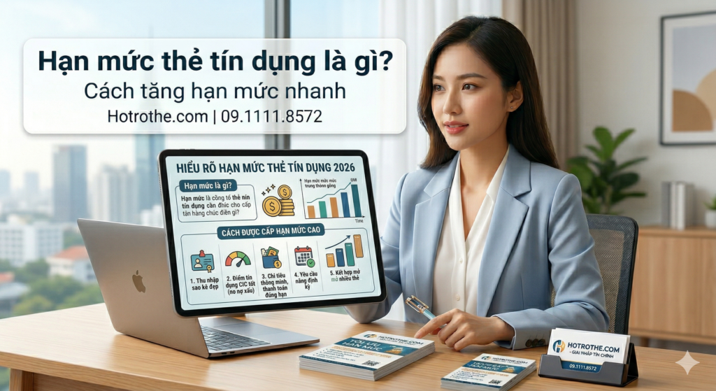 Hình ảnh chuyên gia Hotrothe.com (nữ, vest xanh, giống ảnh 1, 2, 4, 6, 8, 10, 12) tư vấn về hạn mức thẻ tín dụng 2026 và 5 mẹo được cấp hạn mức cao nhanh, kèm logo hotrothe.com và hotline 09.1111.8572.