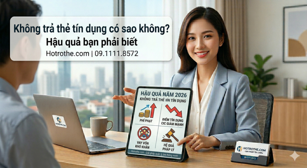 Hình ảnh chuyên gia Hotrothe.com (nữ, vest xanh, giống ảnh 20) tư vấn về các hậu quả nghiêm trọng khi không trả nợ thẻ tín dụng, phân tích phí phạt, điểm CIC giảm mạnh, vay vốn khó khăn, hệ quả pháp lý, kèm logo hotrothe.com và hotline 09.1111.8572.