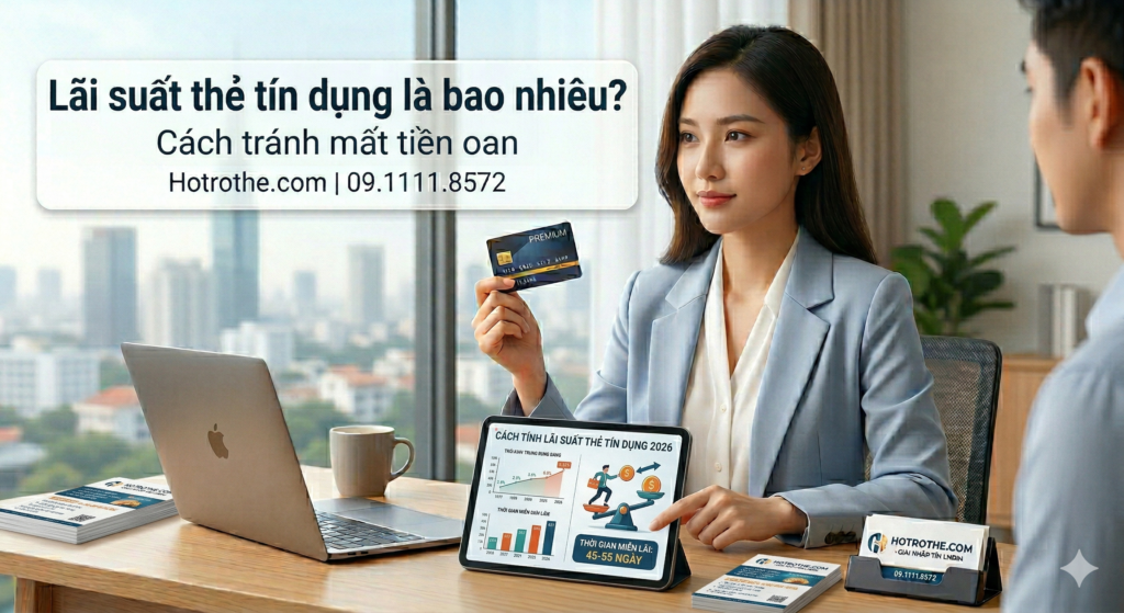 Hình ảnh chuyên gia Hotrothe.com (nữ, vest xanh, giống ảnh 1, 2, 4, 6) tư vấn về mức lãi suất thẻ tín dụng 2026 và cách tránh bị tính lãi, kèm logo hotrothe.com và hotline 09.1111.8572.