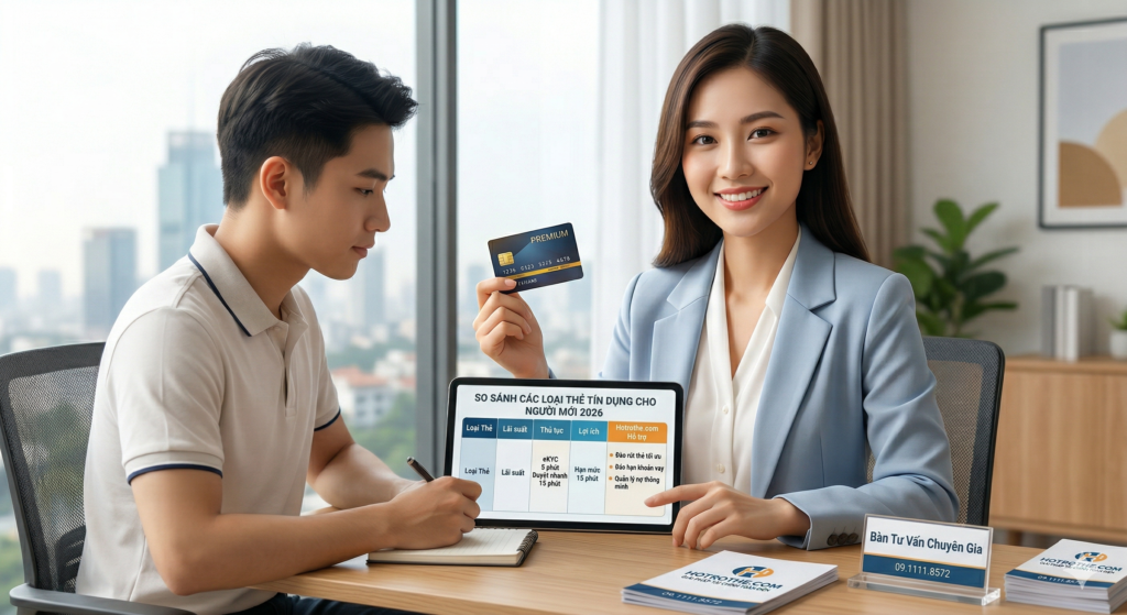 Hình ảnh chuyên gia Hotrothe.com (nữ, áo vest xanh, giống ảnh 1) tư vấn so sánh chi tiết các loại thẻ tín dụng cho người mới vào năm 2026, hướng dẫn eKYC nhanh và khéo léo chèn giải pháp 'Đào rút thẻ tối ưu', 'Đáo hạn khoản vay ngân hàng', 'Quản lý nợ thông minh' trên màn hình tablet.