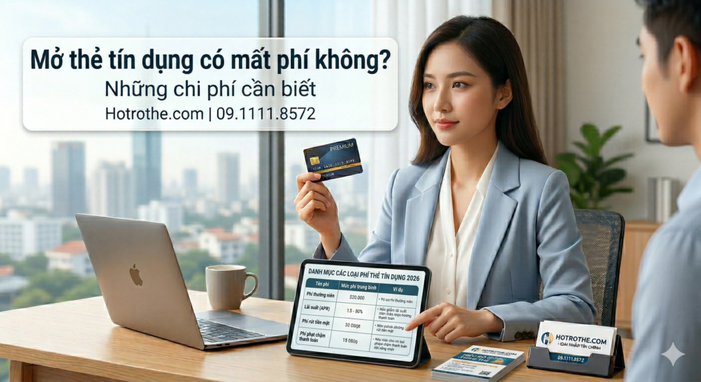 Hình ảnh chuyên gia Hotrothe.com (nữ, vest xanh, giống ảnh 1, 2, 4, 6, 8, 10) tư vấn mở thẻ tín dụng có mất phí không hotrothe.com và hotline 09.1111.8572.