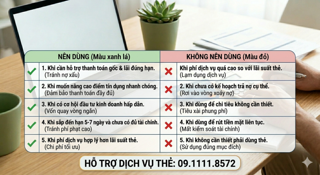 Hình ảnh so sánh các trường hợp nên dùng và không nên dùng dịch vụ thẻ tín dụng, kèm số điện thoại hỗ trợ 09.1111.8572.