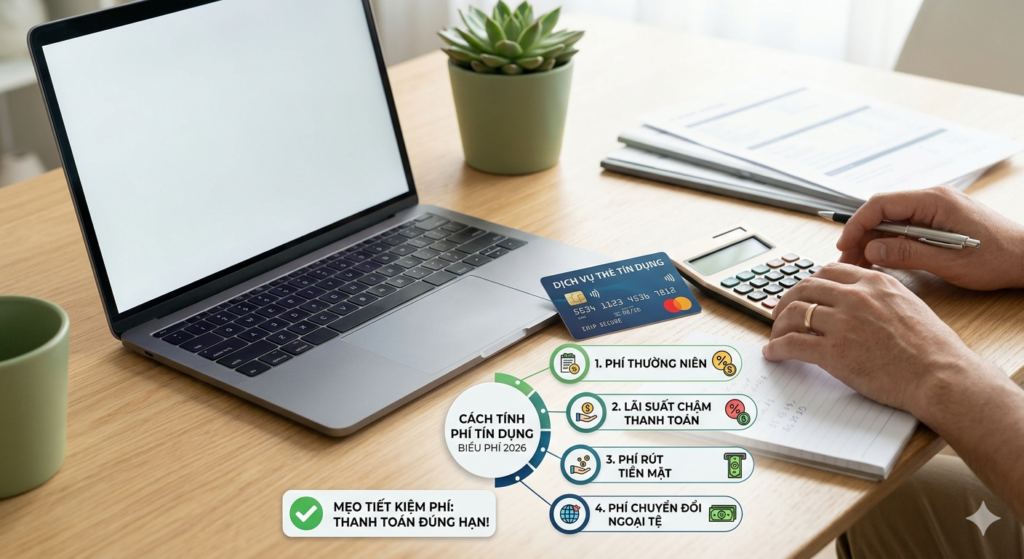 Infographic thể hiện sự khác biệt giữa phí dịch vụ thẻ tín dụng và lãi suất ngân hàng, giúp người dùng đánh giá chi phí thực tế và lựa chọn giải pháp tài chính tối ưu trong năm 2026.