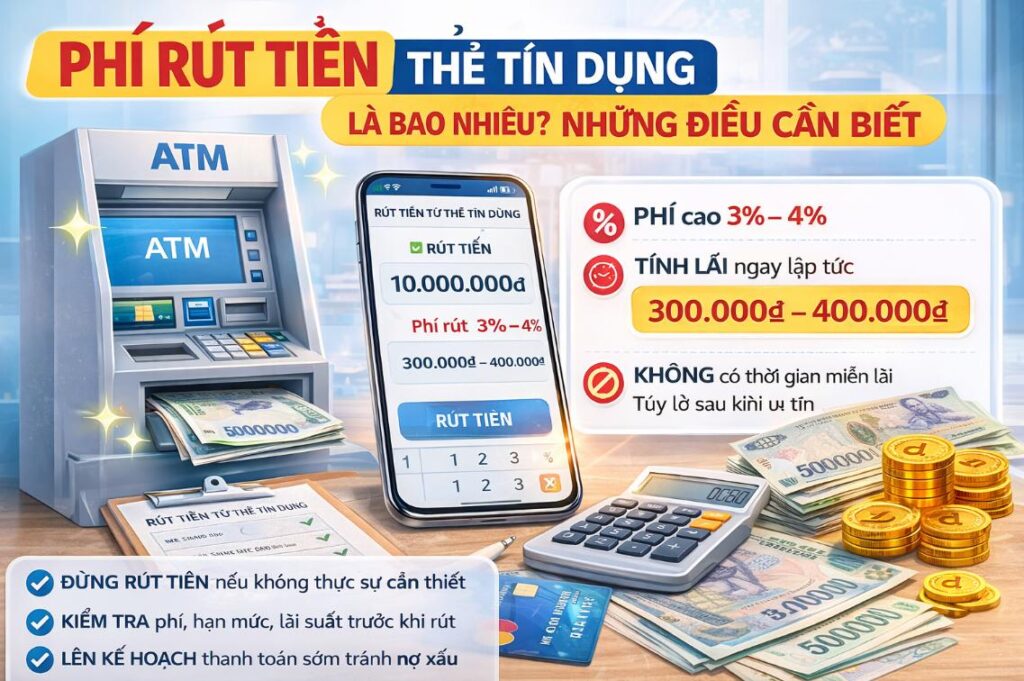 Bảng so sánh phí rút tiền mặt và lãi suất thẻ tín dụng tại các ngân hàng Việt Nam năm 2026, minh họa mức phí trung bình từ 1% đến 4,4% và lãi suất áp dụng ngay lập tức khi rút tiền mặt tại ATM.
