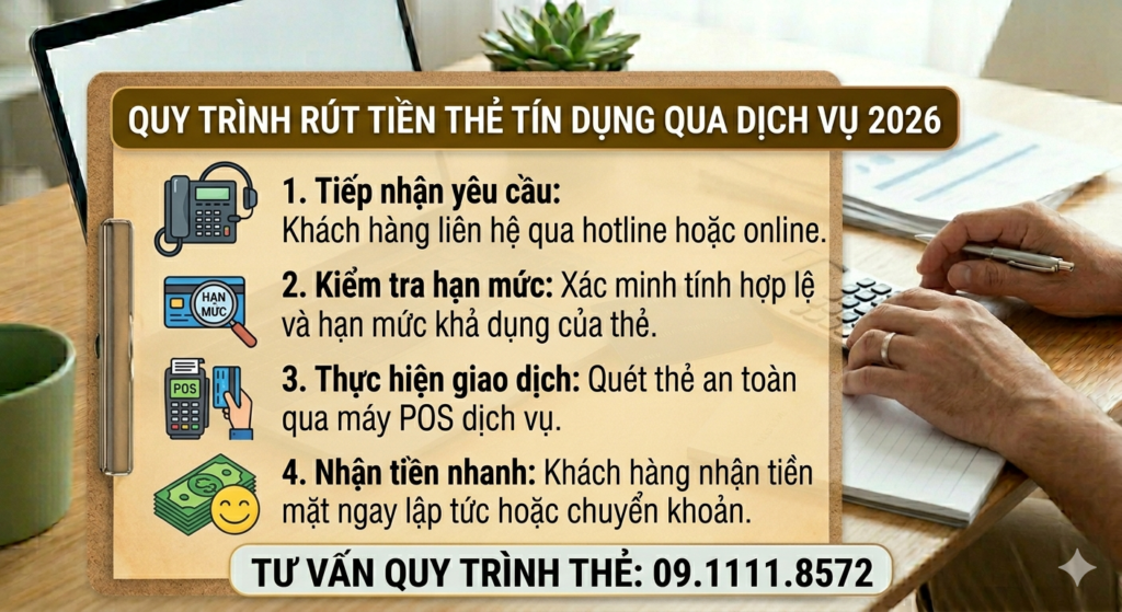 Hình ảnh minh họa quy trình 4 bước chi tiết để rút tiền mặt từ thẻ tín dụng qua dịch vụ chuyên nghiệp năm 2026, bao gồm: tiếp nhận, kiểm tra, giao dịch và nhận tiền nhanh.