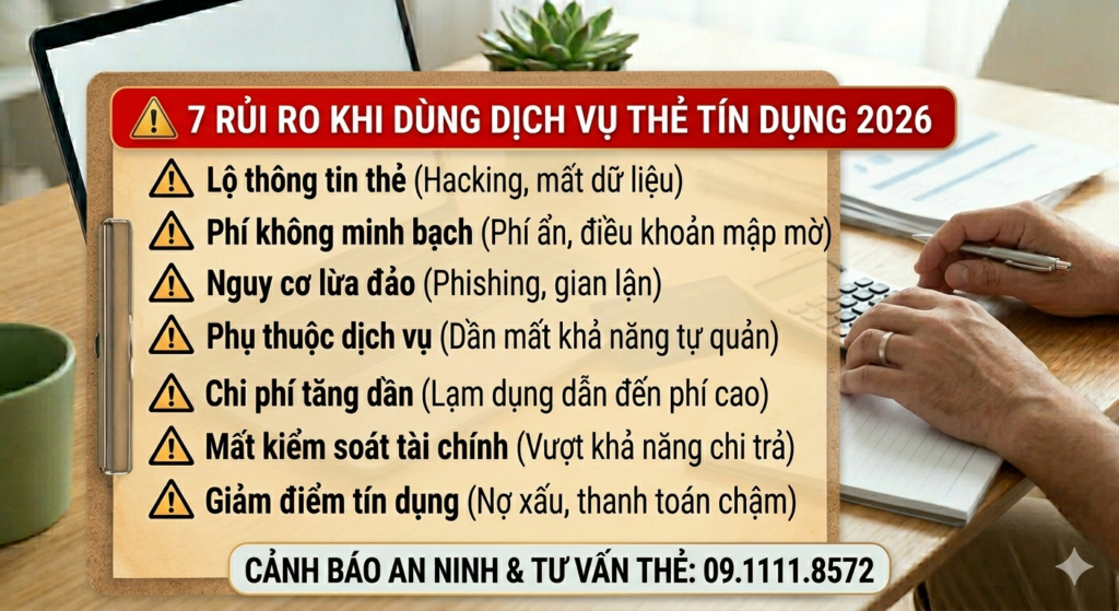 Hình ảnh minh họa các rủi ro khi sử dụng dịch vụ thẻ tín dụng như lộ thông tin cá nhân, phí dịch vụ không rõ ràng, nguy cơ lừa đảo và mất kiểm soát tài chính. Giúp người dùng nhận biết và phòng tránh khi sử dụng.