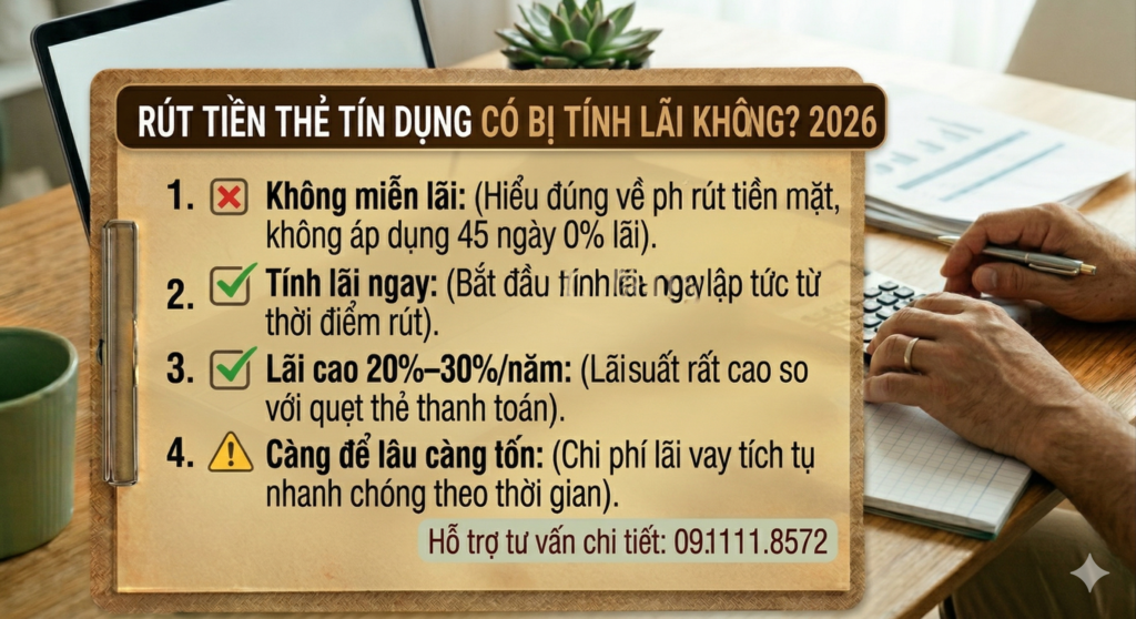 Bảng kẹp giấy hiển thị thông tin chi tiết về lãi suất khi rút tiền mặt từ thẻ tín dụng, với 4 điểm cảnh báo rõ ràng.