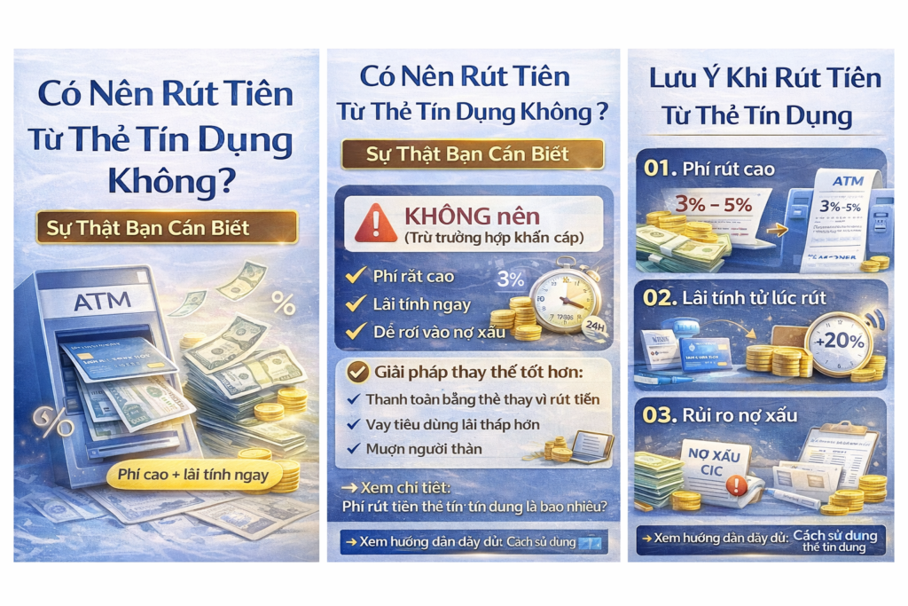 Phân tích ưu và nhược điểm của việc rút tiền mặt từ thẻ tín dụng năm 2026, minh họa sự khác biệt giữa phí rút tiền cao, lãi suất tức thì và sự tiện lợi trong trường hợp khẩn cấp, giúp người dùng đưa ra quyết định tài chính đúng đắn.