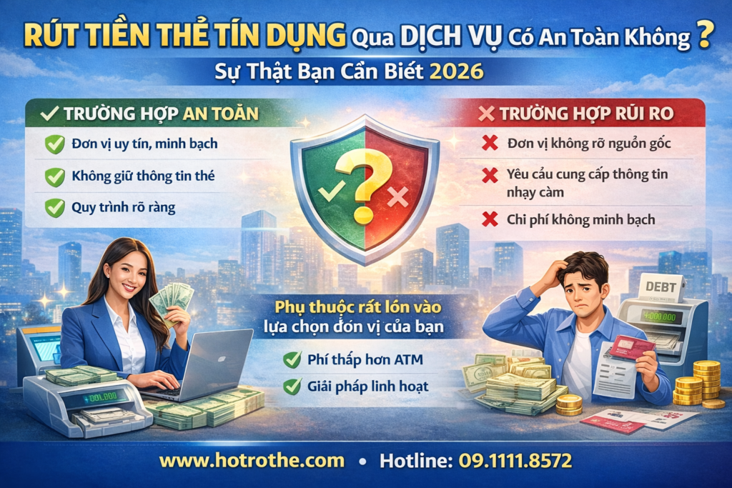 Infographic phân tích rút tiền thẻ tín dụng qua dịch vụ có an toàn không, bao gồm lợi ích và rủi ro giúp người dùng lựa chọn giải pháp tài chính phù hợp.