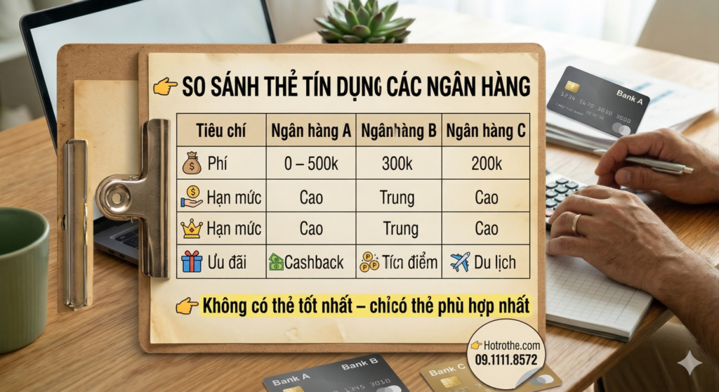Bảng so sánh chi tiết các loại thẻ tín dụng giữa các ngân hàng giúp người dùng lựa chọn phù hợp nhu cầu