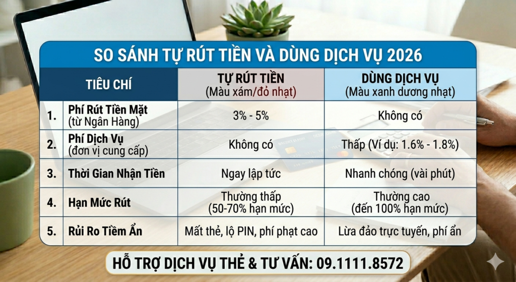 Bảng so sánh chi tiết các tiêu chí giữa việc tự rút tiền mặt và sử dụng dịch vụ thẻ tín dụng năm 2026, kèm số điện thoại hỗ trợ 09.1111.8572.
