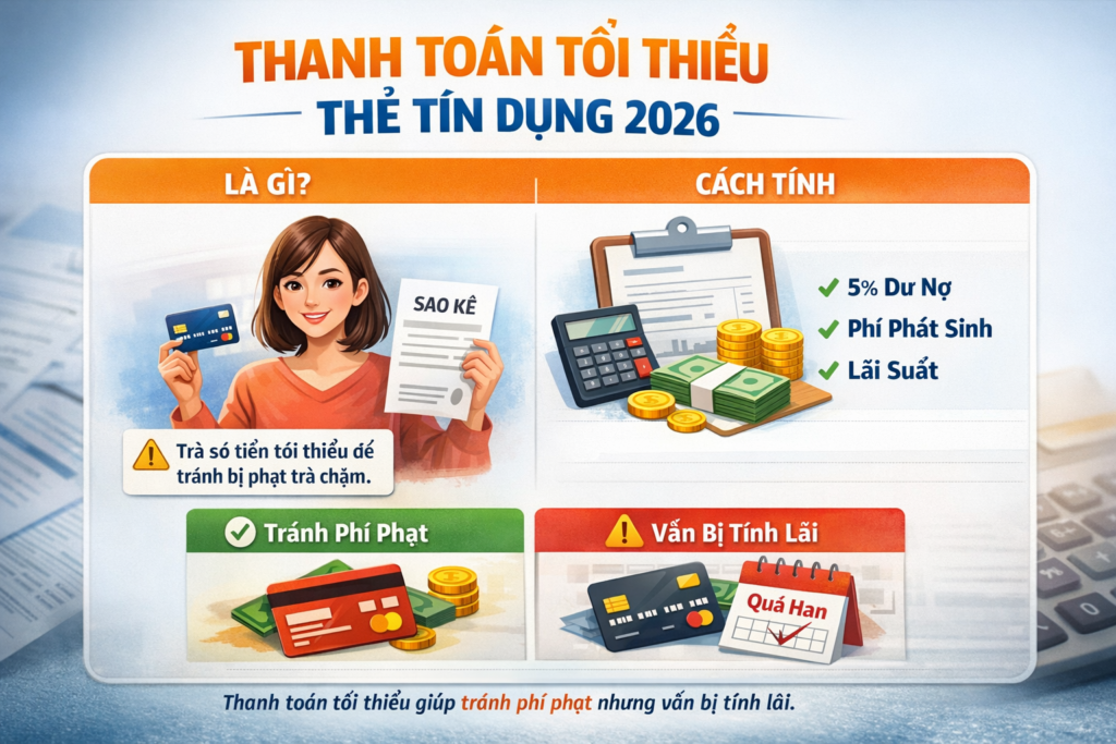 Hình ảnh minh họa số tiền thanh toán tối thiểu thẻ tín dụng năm 2026, giải thích cách tính mức tối thiểu thường từ 2% đến 5% dư nợ và cảnh báo về lãi suất tích lũy khi không thanh toán toàn bộ dư nợ đúng hạn.