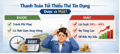Infographic thể hiện ưu điểm và nhược điểm của việc thanh toán tối thiểu thẻ tín dụng, bao gồm tránh phí phạt nhưng chịu lãi suất từ 20% đến 40% mỗi năm.