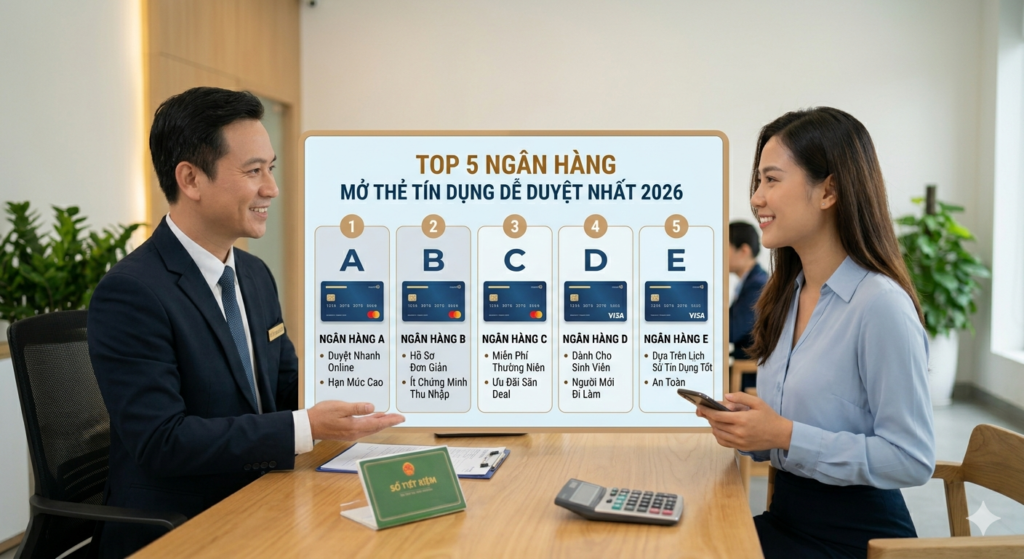 Bảng so sánh top 5 ngân hàng mở thẻ tín dụng dễ nhất năm 2026 với quy trình duyệt nhanh online không cần chứng minh thu nhập, minh họa cho bài viết đánh giá về cách mở thẻ tín dụng dễ dàng nhất.