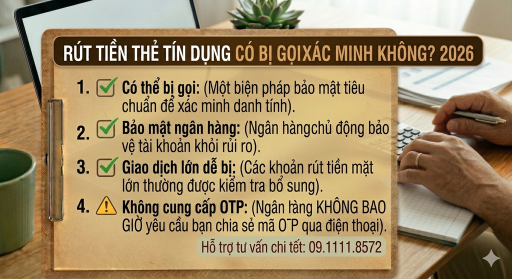 Bảng kẹp giấy trên bàn làm việc hiển thị thông tin về việc ngân hàng gọi xác minh khi rút tiền thẻ tín dụng, với 4 điểm cảnh báo rõ ràng.